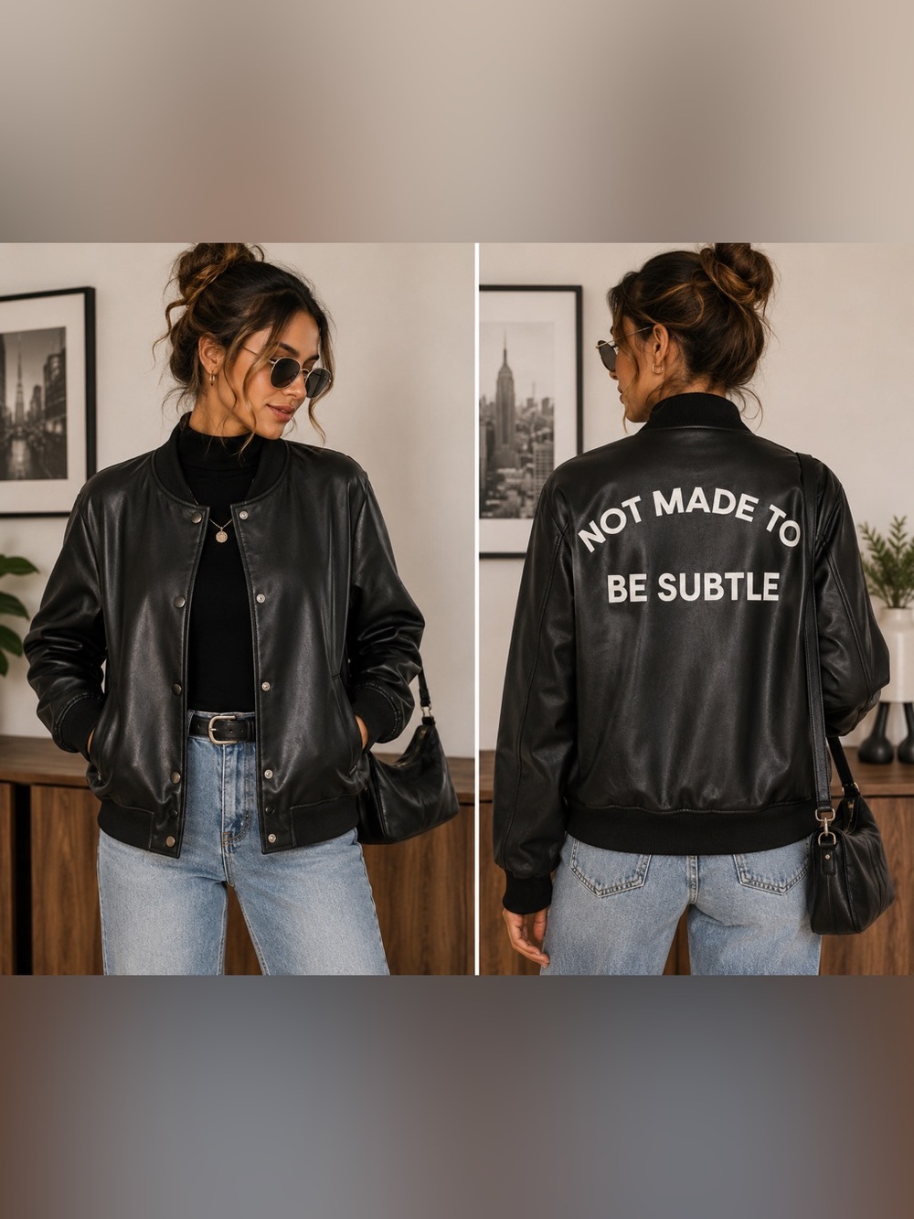 Hilary MacMillan x Papaya Vegan Leather Bomber Jacket Black Graphic Back M